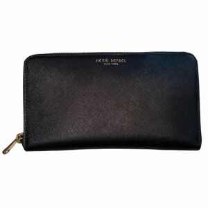 Henri Bendel Black Leather Zip-Around Wallet with Gold Accents